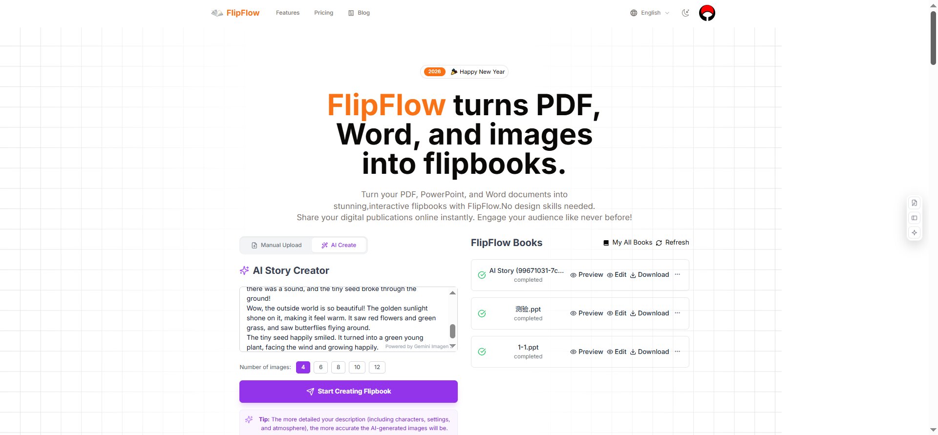 FlipFlow AI Story Creator — turn text into illustrated flipbooks