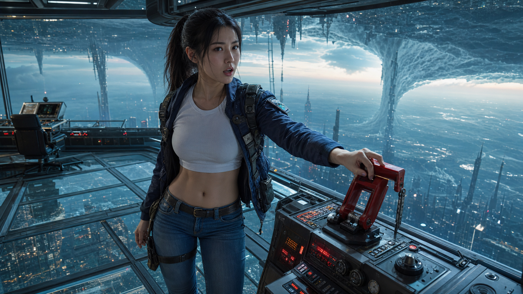 倒悬海幕控制室中的亚洲成年女工程师