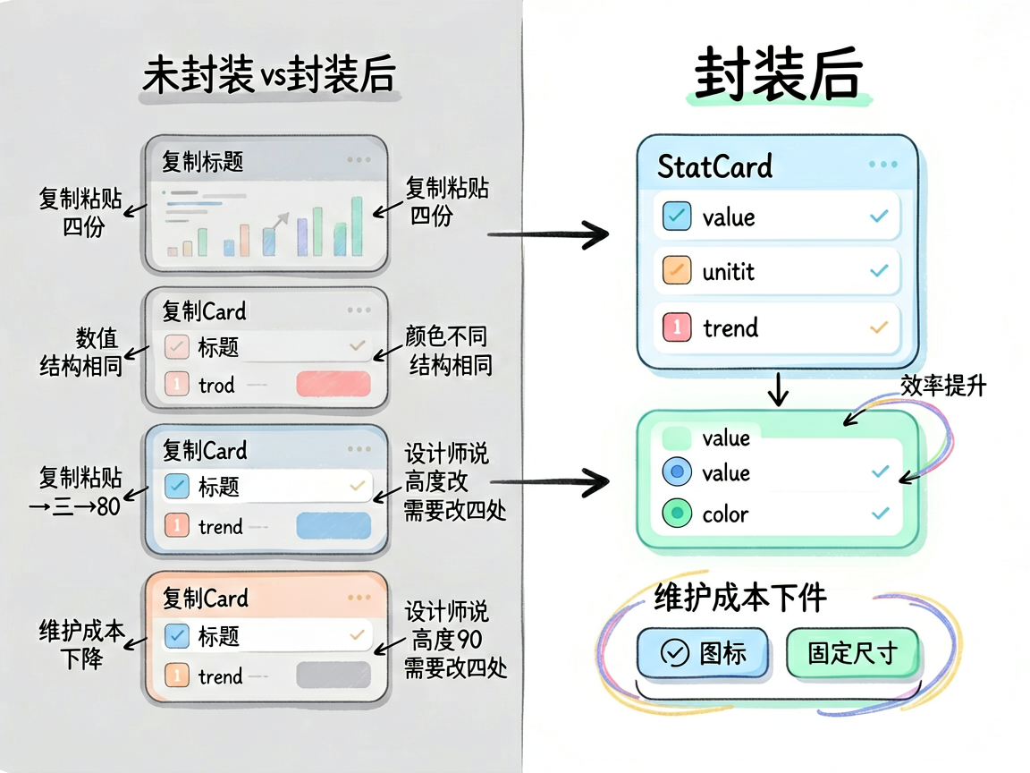为这篇 HarmonyOS7 组件设计文章绘制一张手绘对比图,主题是“未封装 vs 封装后”。左侧展