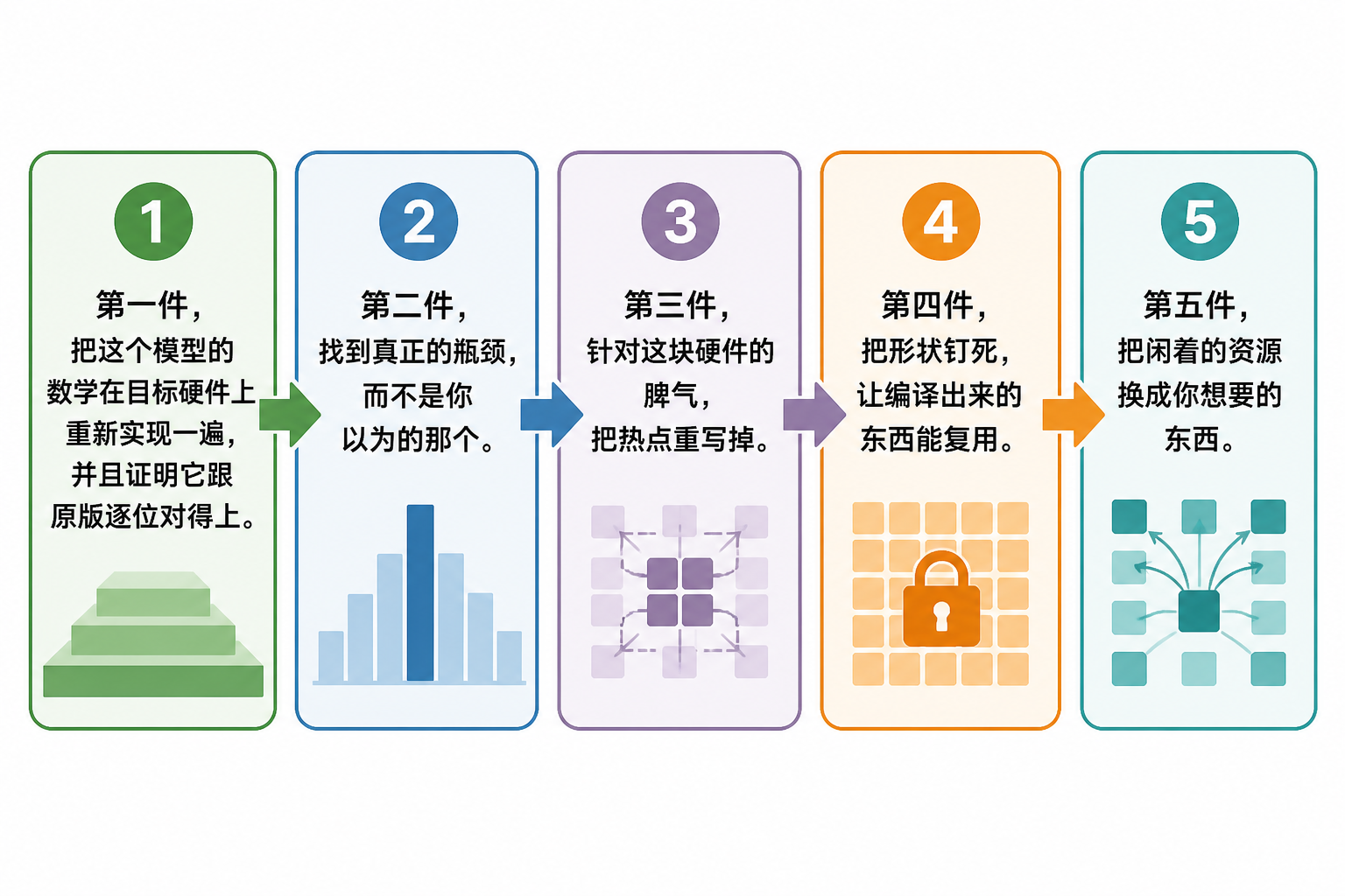 A left-to-right five-step sequence shows推理优化先建立正确性基线，再测量真实瓶颈，随后重写热点、固定输入形状以复用编译结果，最后调度闲置资源。