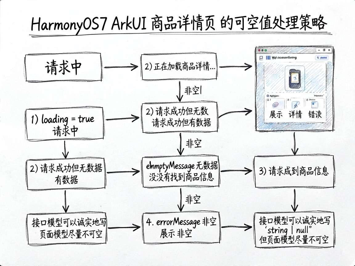 一张手绘笔记风流程图,内容对应 HarmonyOS7 ArkUI 商品详情页的可空值处理策略。流程从