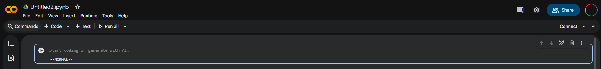 创建新的notebook后的新notebook界面截图