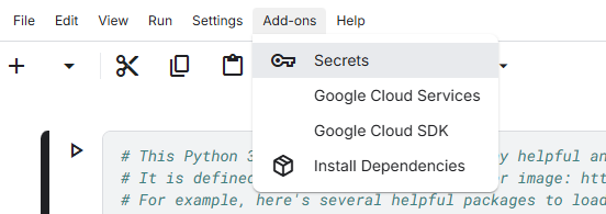 Kaggle Notebook的Add-on下来菜单,包含密钥管理选项的截图