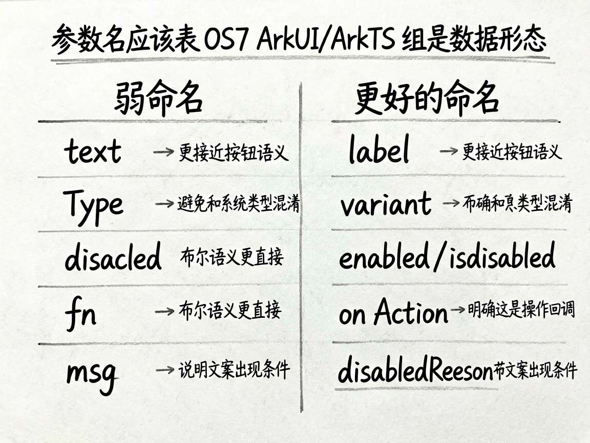 为一篇讲 HarmonyOS7 ArkUI/ArkTS 组件参数命名的文章生成一张手绘笔记风对比图。