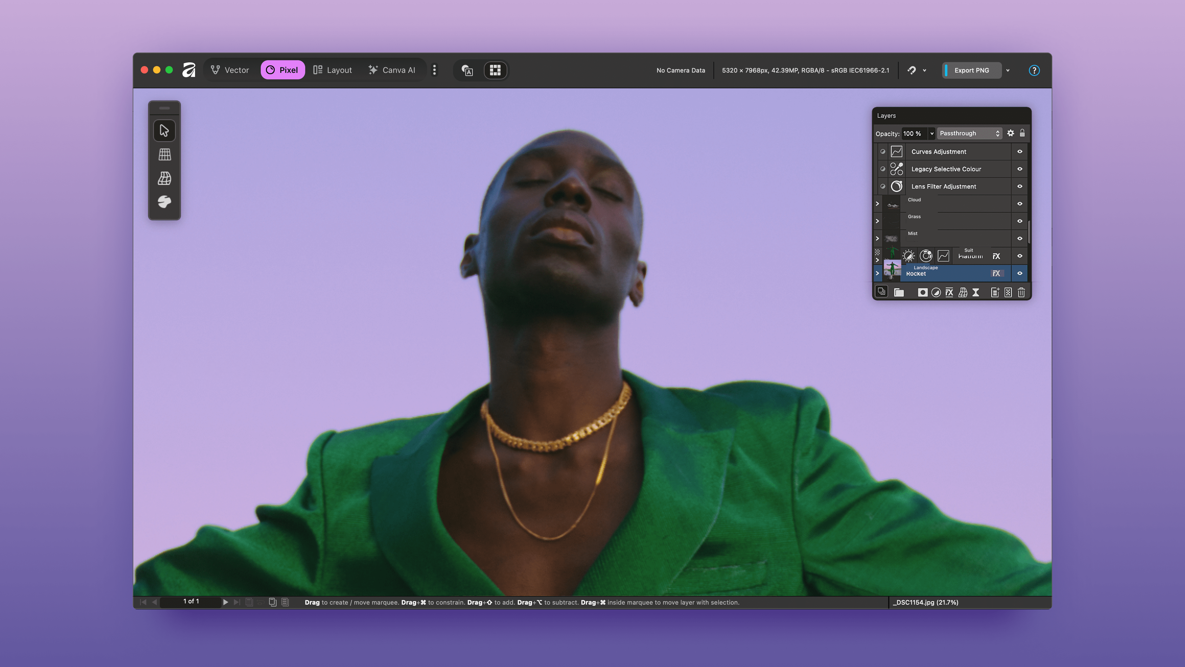 Image of a photo of a male model being edited in Affinity with their award winning photo editing tools