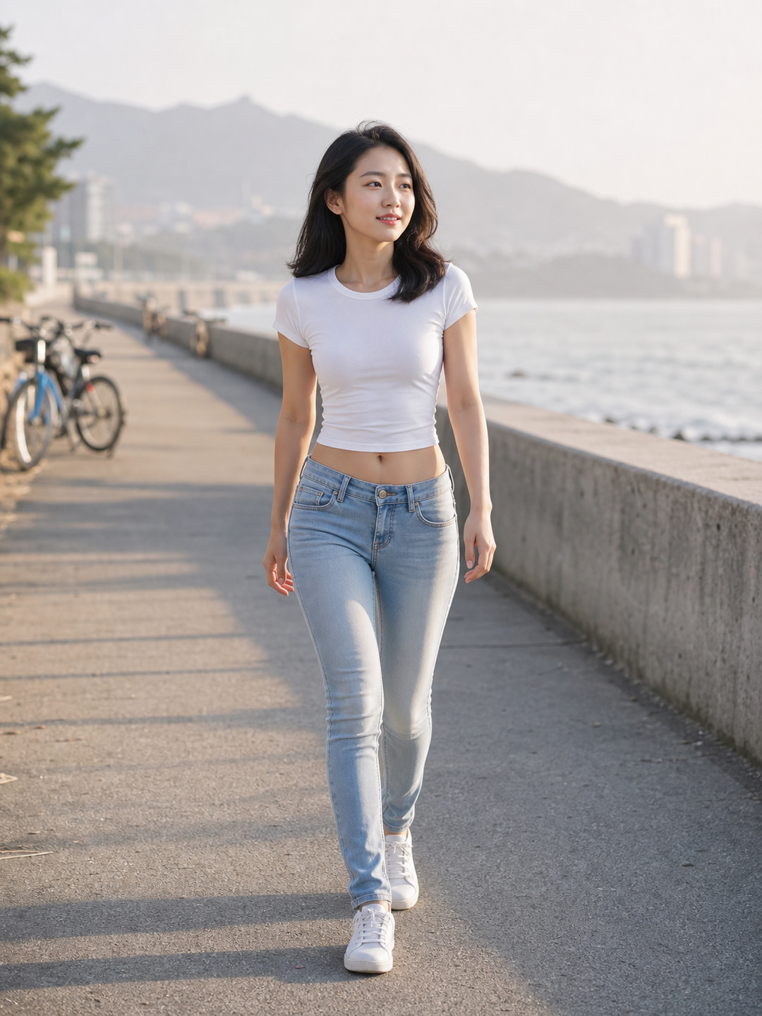 海滨晨光中的浅蓝低腰牛仔裤时装