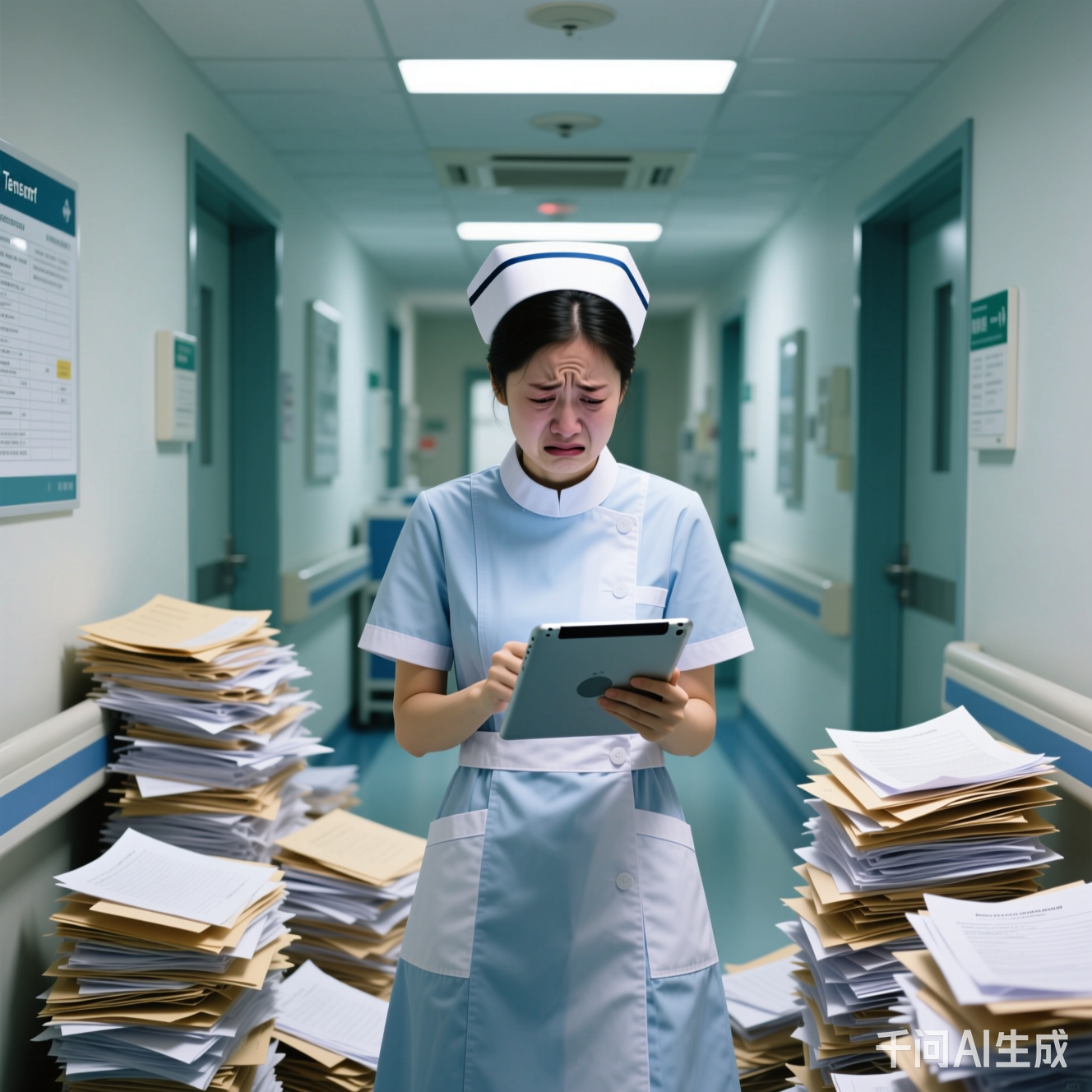医院走廊里堆满纸质病历,护士拿着平板电脑一脸崩溃