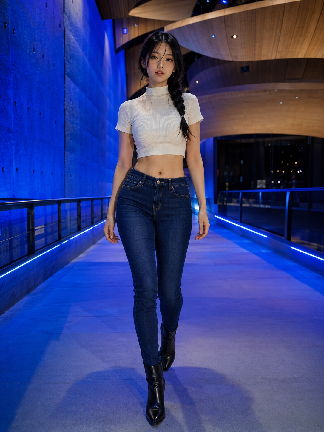 蓝色共振步行桥中的虚构亚洲成年女性与蓝色紧身全长牛仔裤