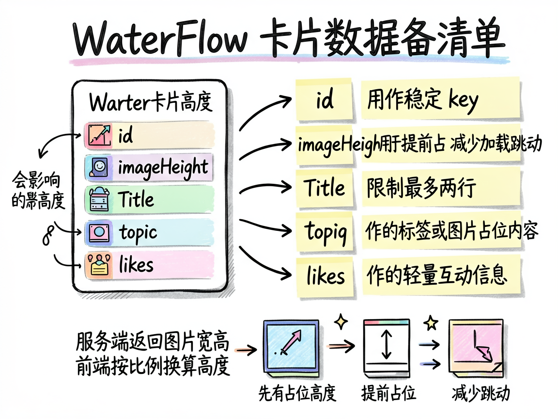 为文章中“瀑布流的重点在数据准备”部分生成一张手绘信息图,主题是 WaterFlow 卡片数据准备清
