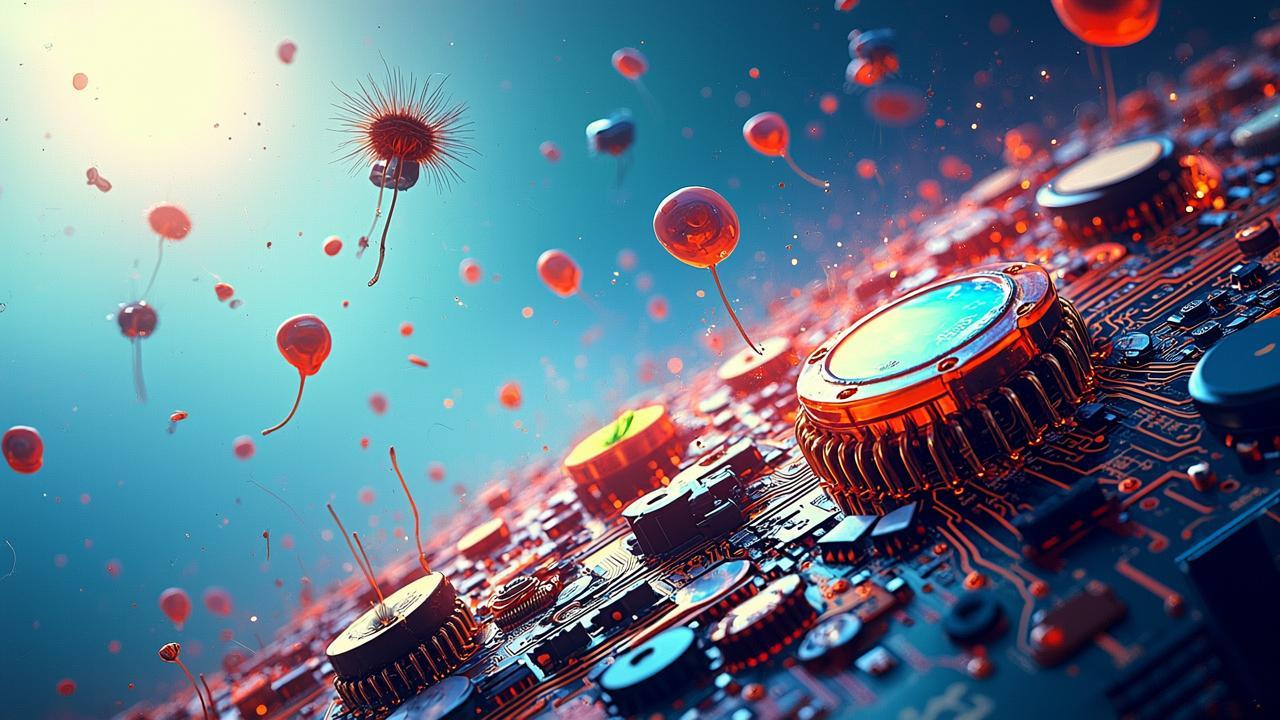 A surreal landscape of floating mechanical compone