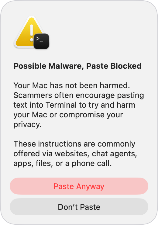 Apple终端粘贴拦截警告