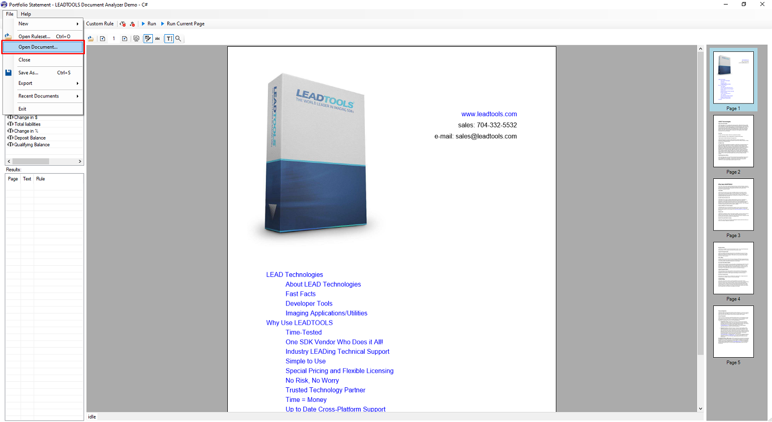 LEADTOOLS 文档分析器演示，已加载 leadtools.pdf