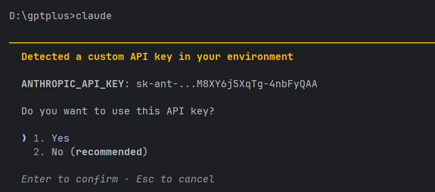 Claude Code 启动界面，检测到 API Key 自动跳过登录