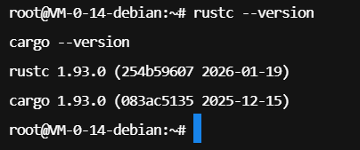 终端显示 rustc 和 cargo 的版本信息，验证安装成功