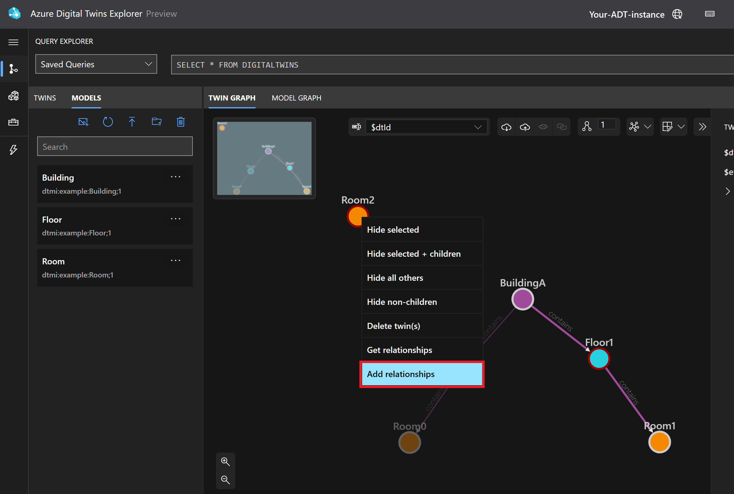 Azure Digital Twins Explorer 的屏幕截图,其中在 Floor1 与 Room2 之间添加了关系。