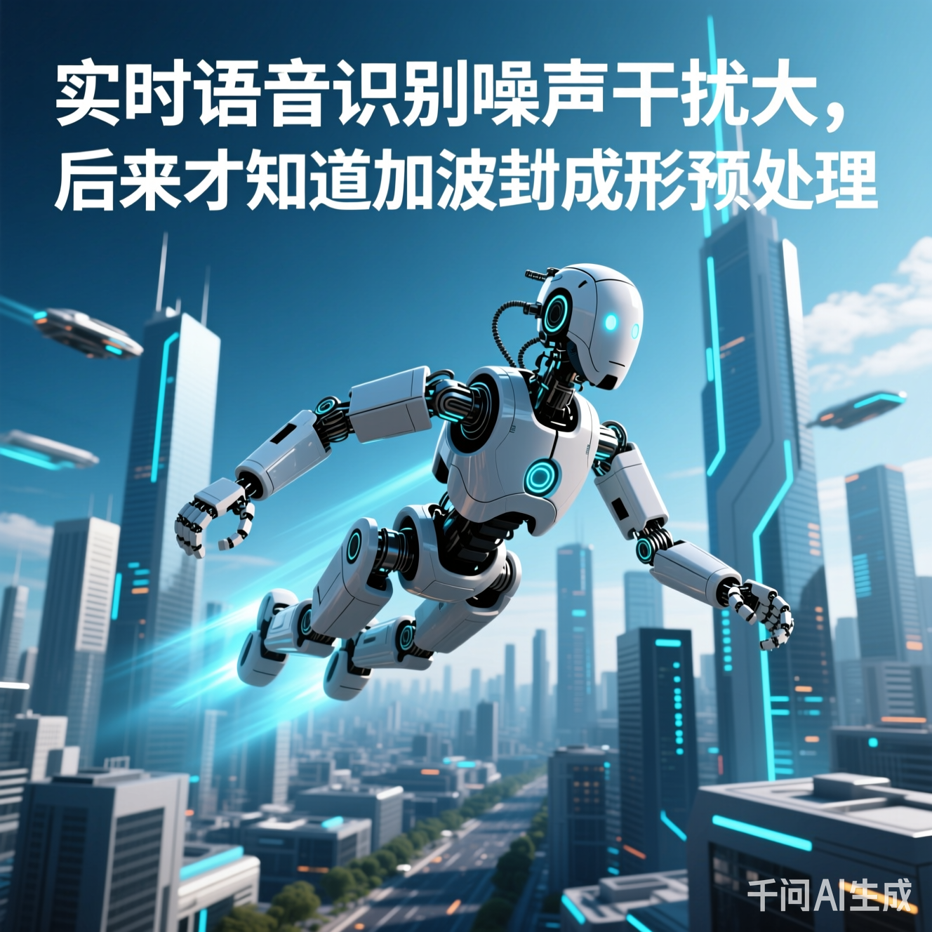 未来城市概念图，机器人在空中飞行