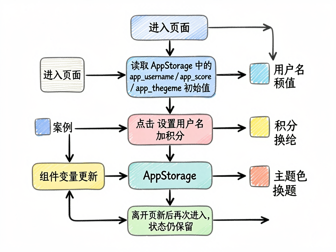 为这篇讲解 @StorageLink 的文章绘制一张手绘流程图，展示用户在设置页点击按钮后的状态流转
