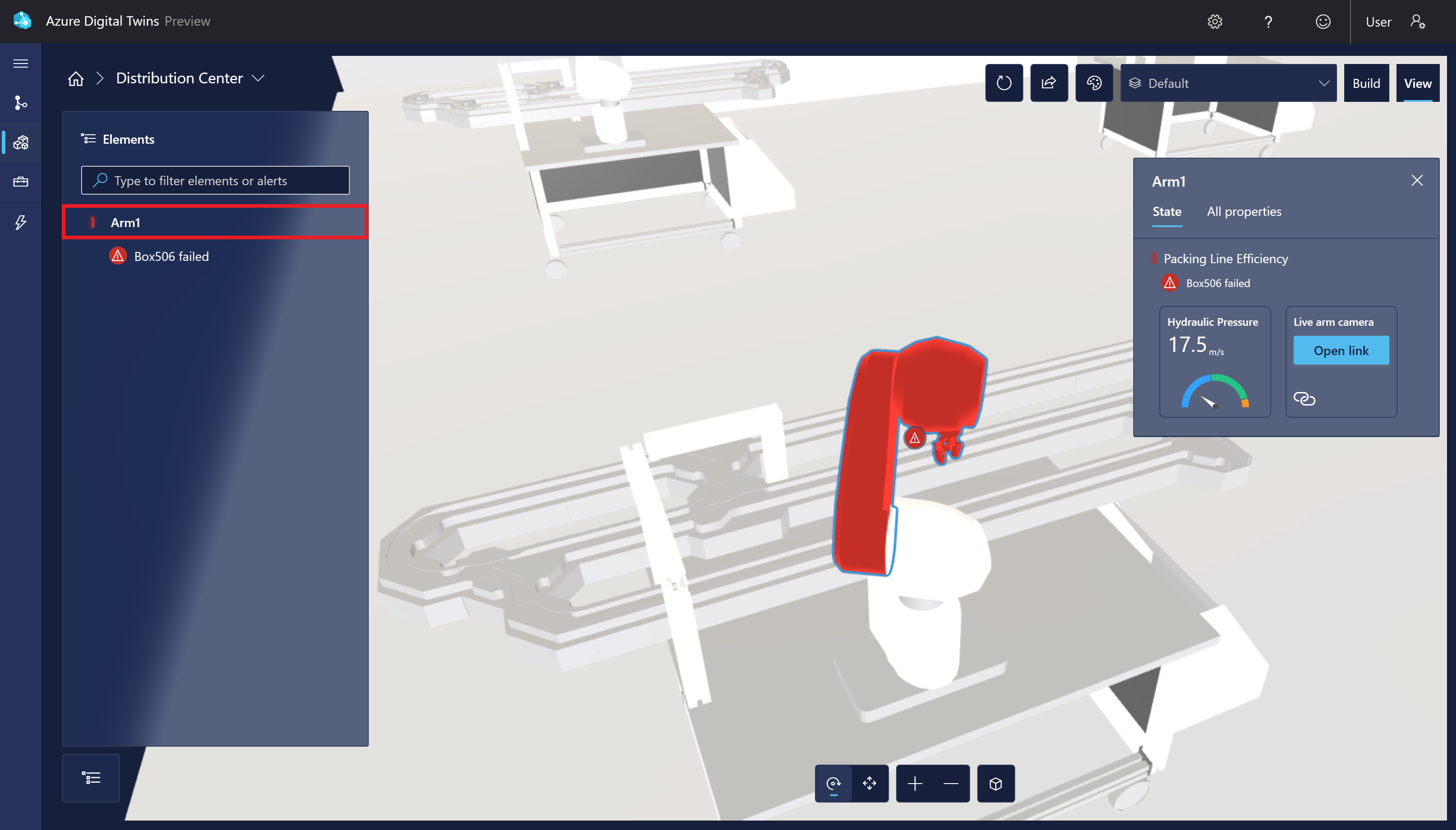 3D 场景工作室中工厂场景的屏幕截图,显示了机械臂的查看器。