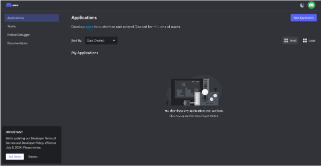 Discord Developer Portal 创建新应用界面截图