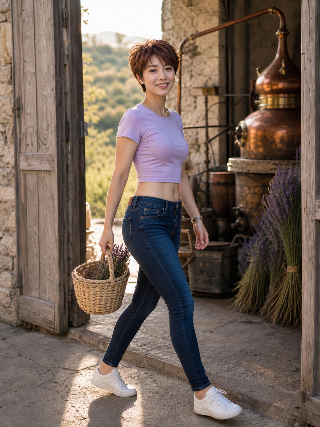 薰衣草蒸馏坊中的亚洲成年女性深蓝低腰牛仔时装