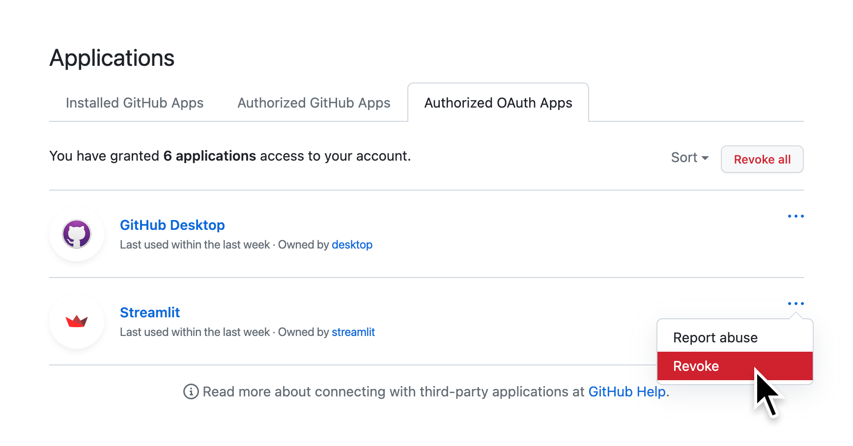 撤销 Streamlit 访问您 GitHub 账户的权限