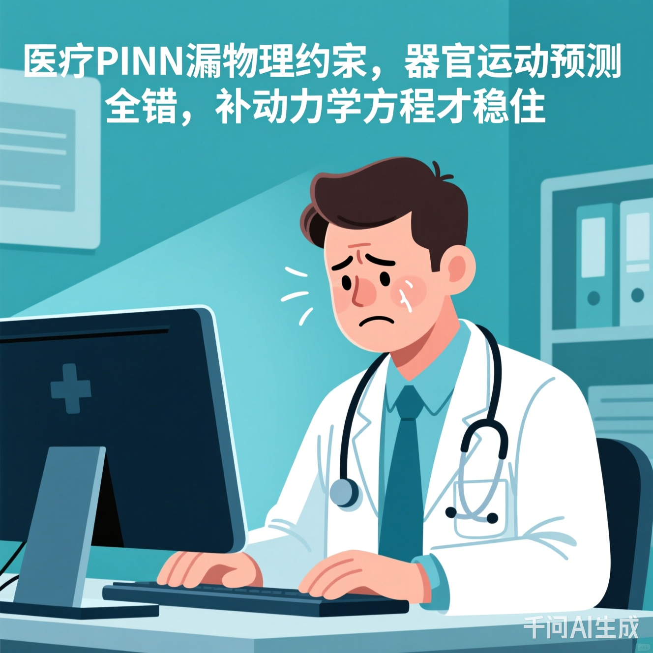 医生对着电脑皱眉的插画