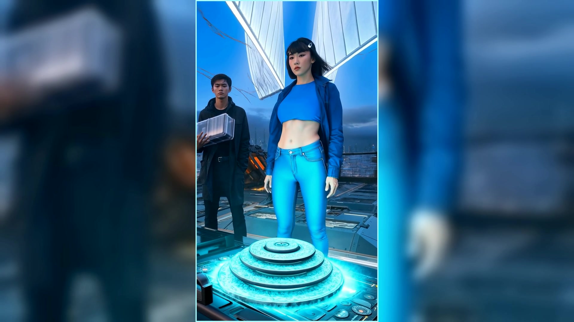 成年工程师完整站立在校准盘和空港风帆前的终帧