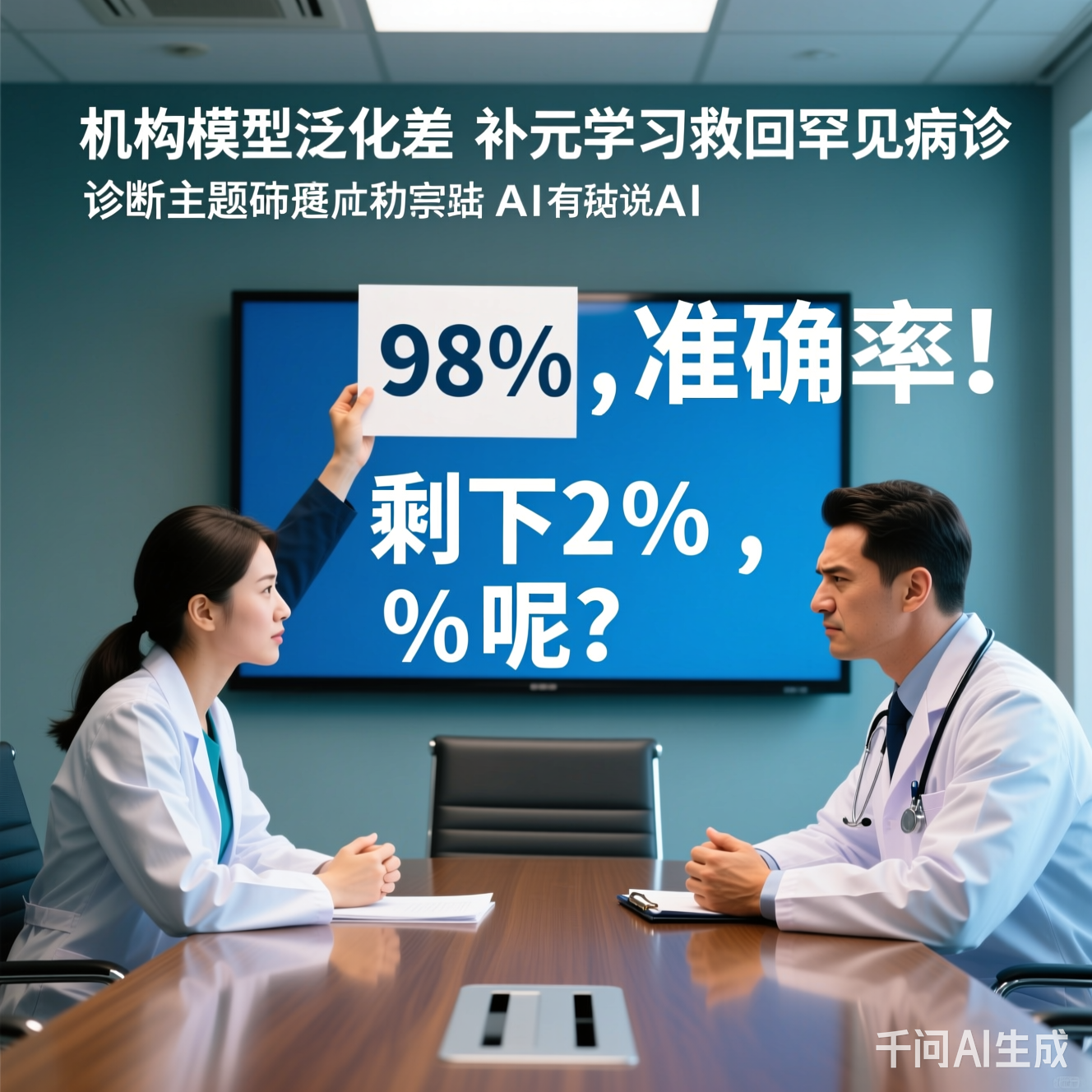 AI和医生在会议室争论，AI举着"98%准确率"，医生皱眉说"剩下2%呢？"