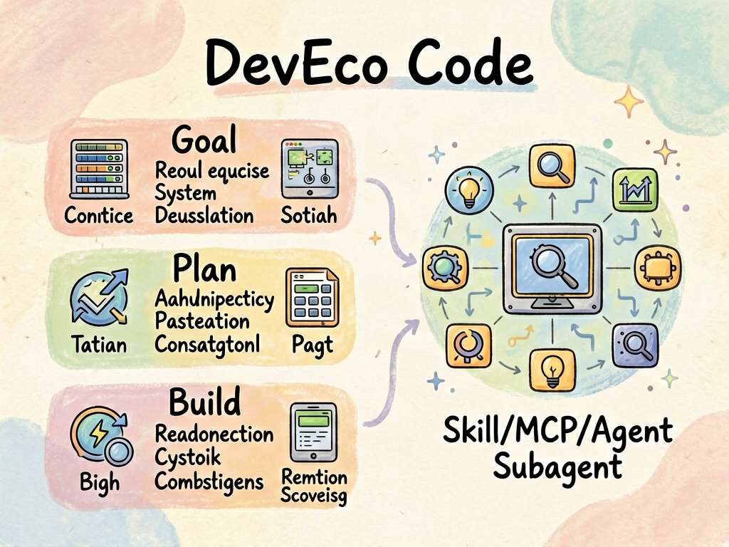 手绘风格信息图：左侧展示DevEco Code的三大核心模式——'Goal'（侧重需求拆解与系统设计