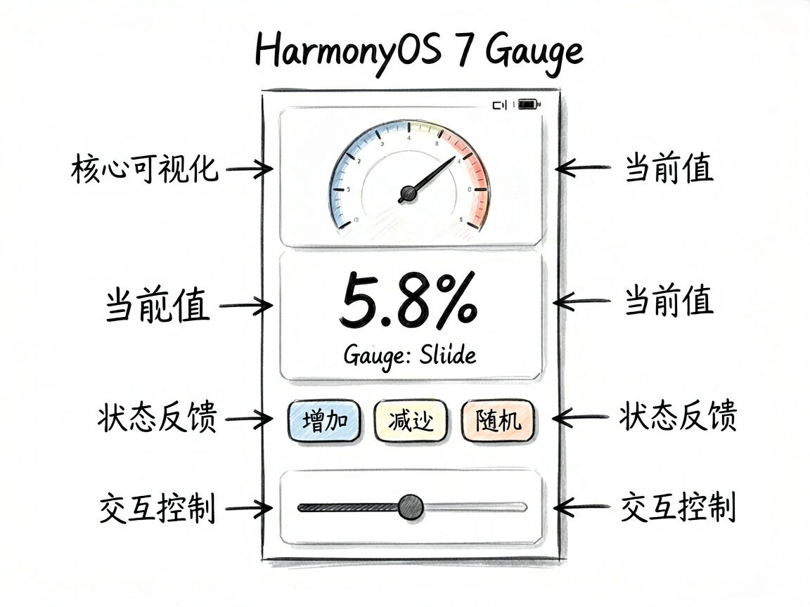 手绘笔记风框架图，主题是 HarmonyOS 7 Gauge 仪表盘页面的布局思路。用分层结构展示一