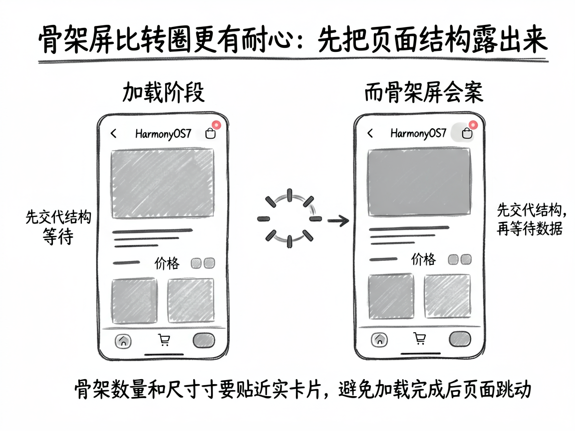 为一篇讲解 HarmonyOS7 骨架屏的中文技术文章绘制一张 sketch-notes 风格信息图