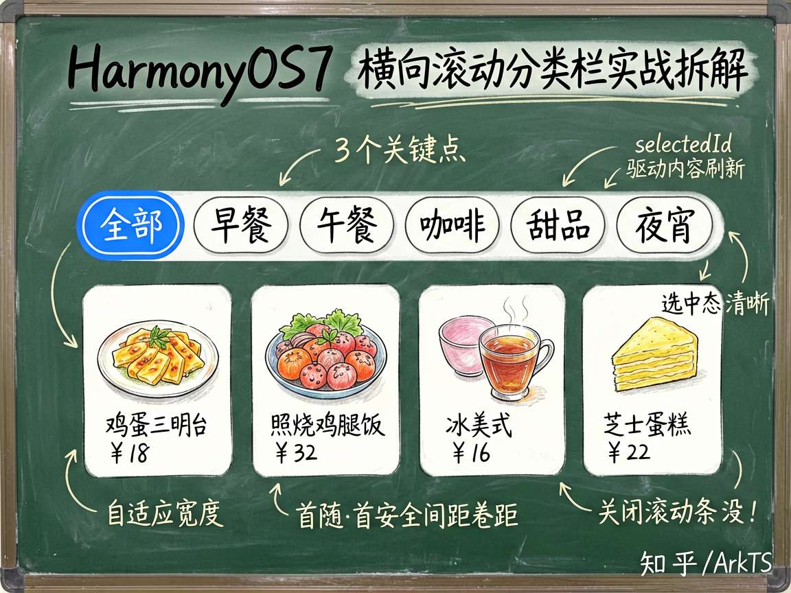 手绘笔记风信息图，主题是 HarmonyOS7 横向滚动分类栏实战拆解。画面中心是一条横向可滚动的餐