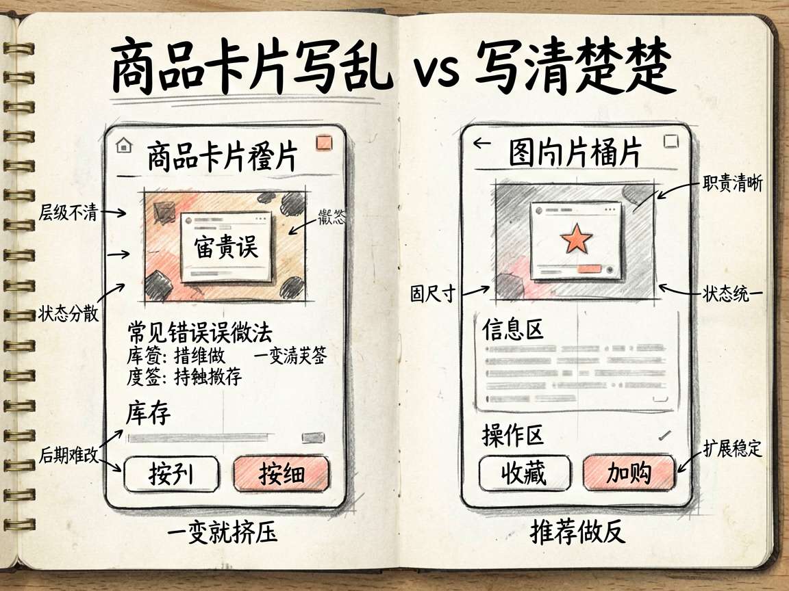 为一篇中文技术文章绘制一张 sketch-notes 风格的对比图,主题是“商品卡片写乱 vs 写清