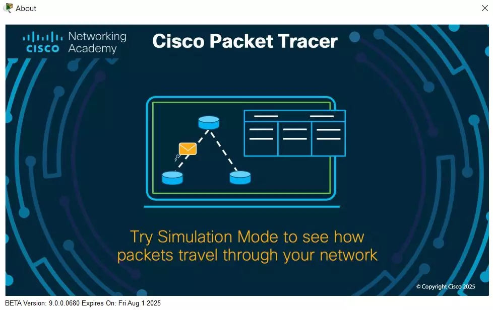 Cisco Packet Tracer 9.0 build 9.0.0.0680 splash screen