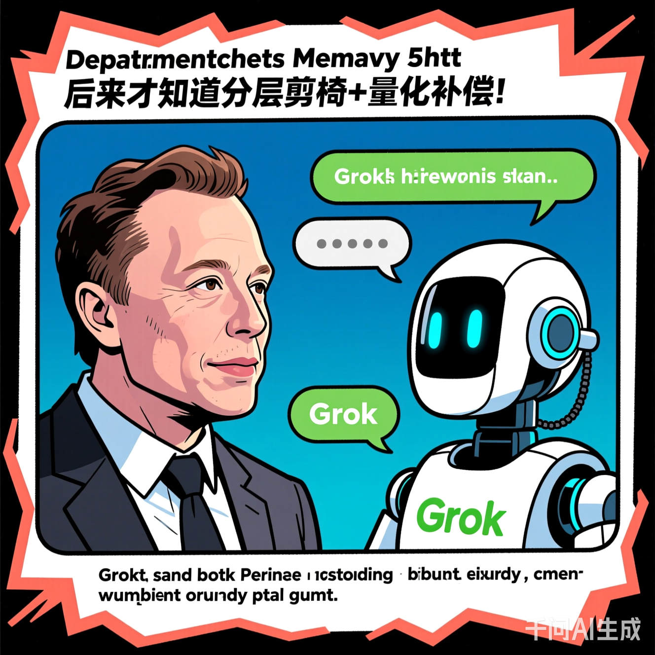 马斯克和Grok聊天机器人对视的漫画