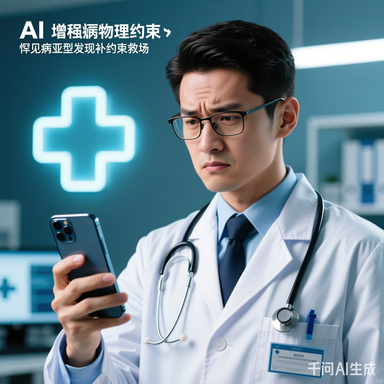 穿着白大褂的AI助手对着手机屏幕皱眉