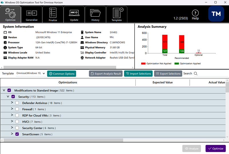 Omnissa Horizon Windows OS Optimization Tool after clicking Analyze
