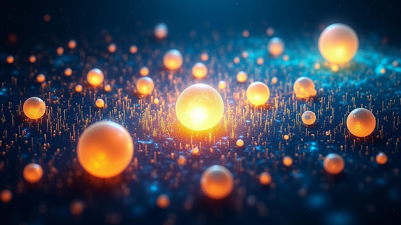 A constellation of glowing spheres floating in a d