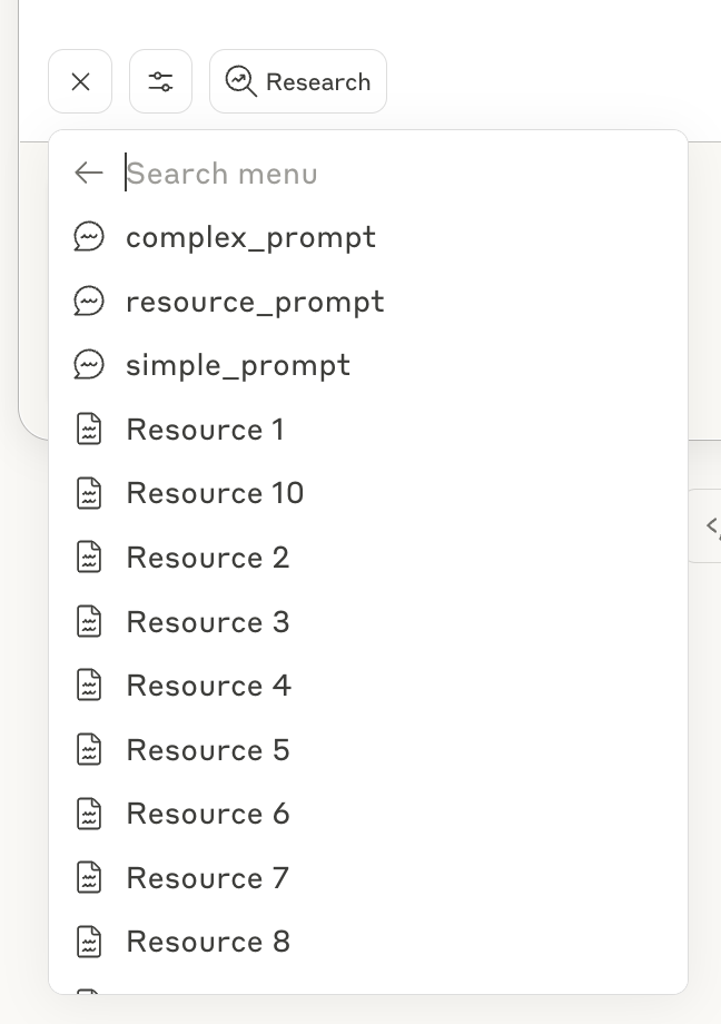 Selecting specific resources and prompts from the menu