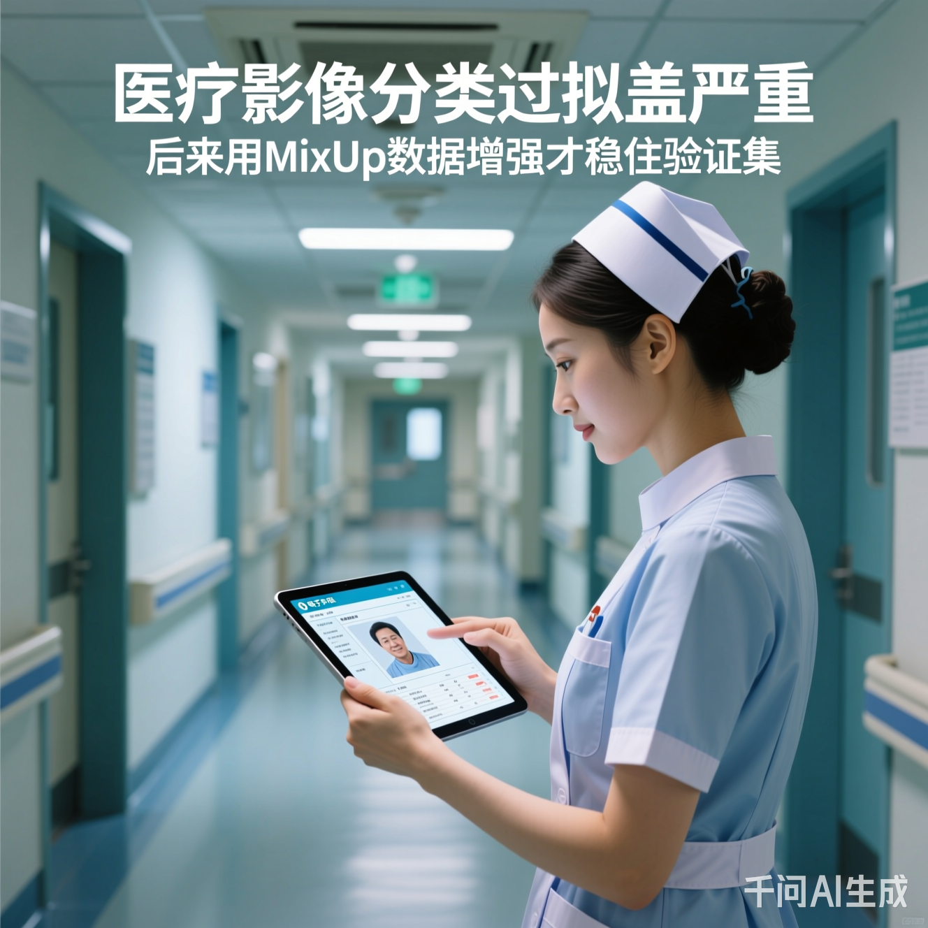 医院走廊里,护士在平板电脑上查看患者电子病历