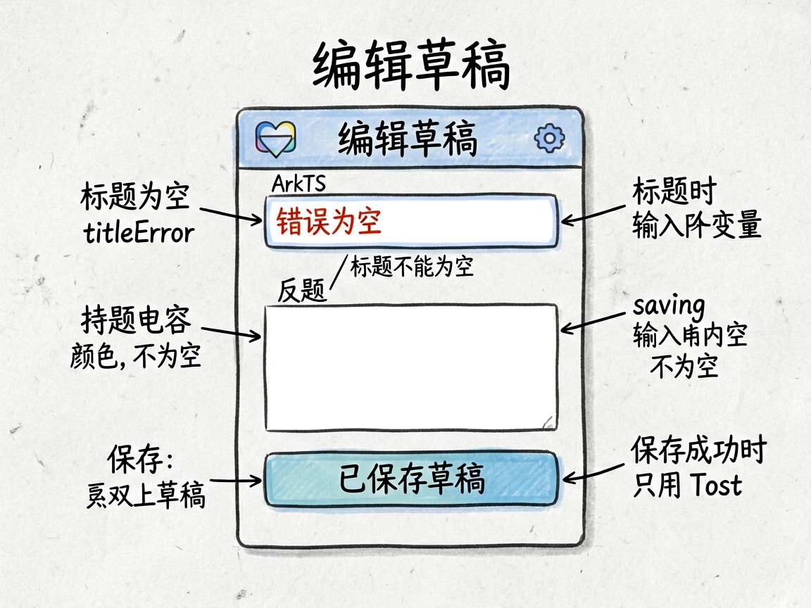 为一篇 HarmonyOS7 教程文章绘制一张手绘信息图,内容围绕 ArkTS 草稿保存页示例。画面