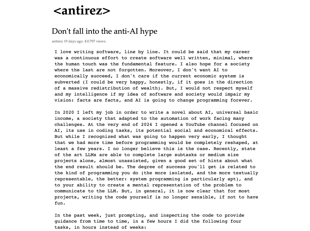 Antirez 博客:Don't fall into the anti-AI hype