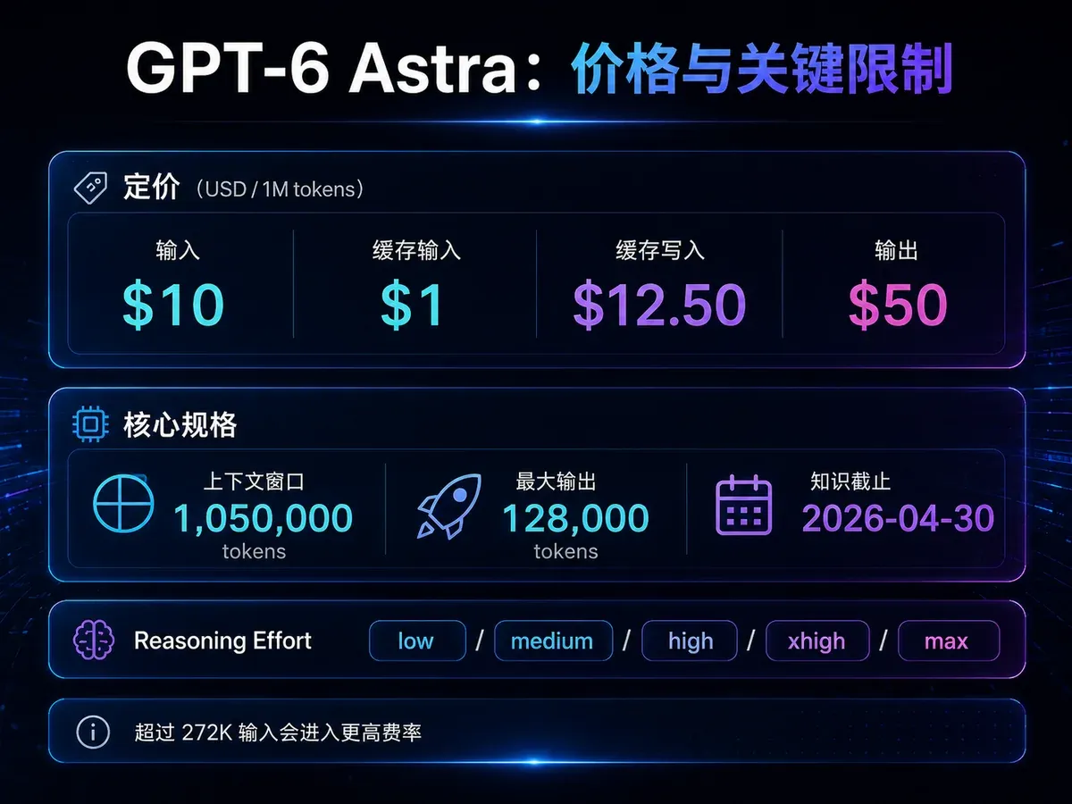GPT-6 Astra 的 API 价格、105 万上下文、128K 输出和 reasoning effort 关键规格