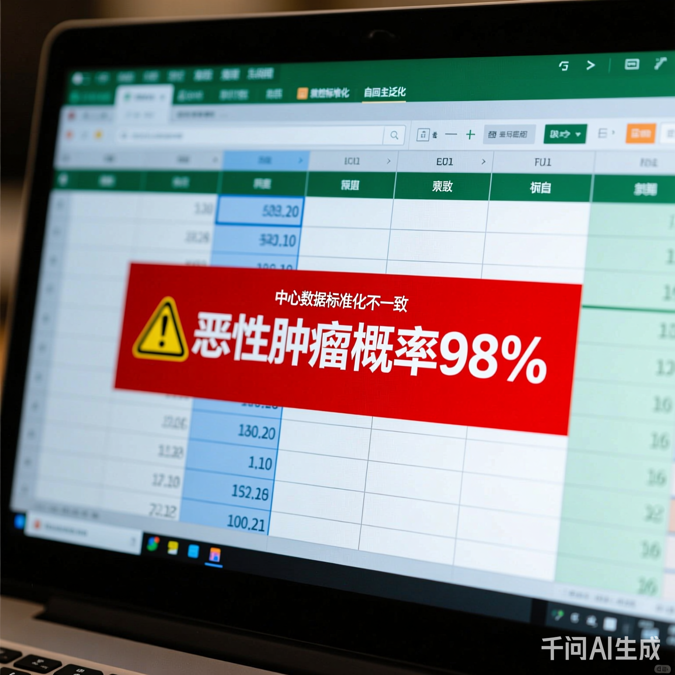 电脑屏幕截图，显示Excel表格里"恶性肿瘤概率98%"的红色警告框