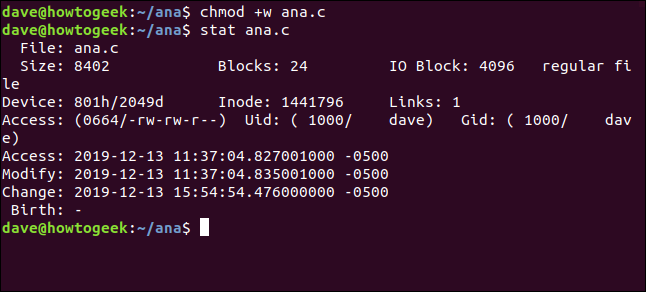 chnod +w ana.c in a terminal window