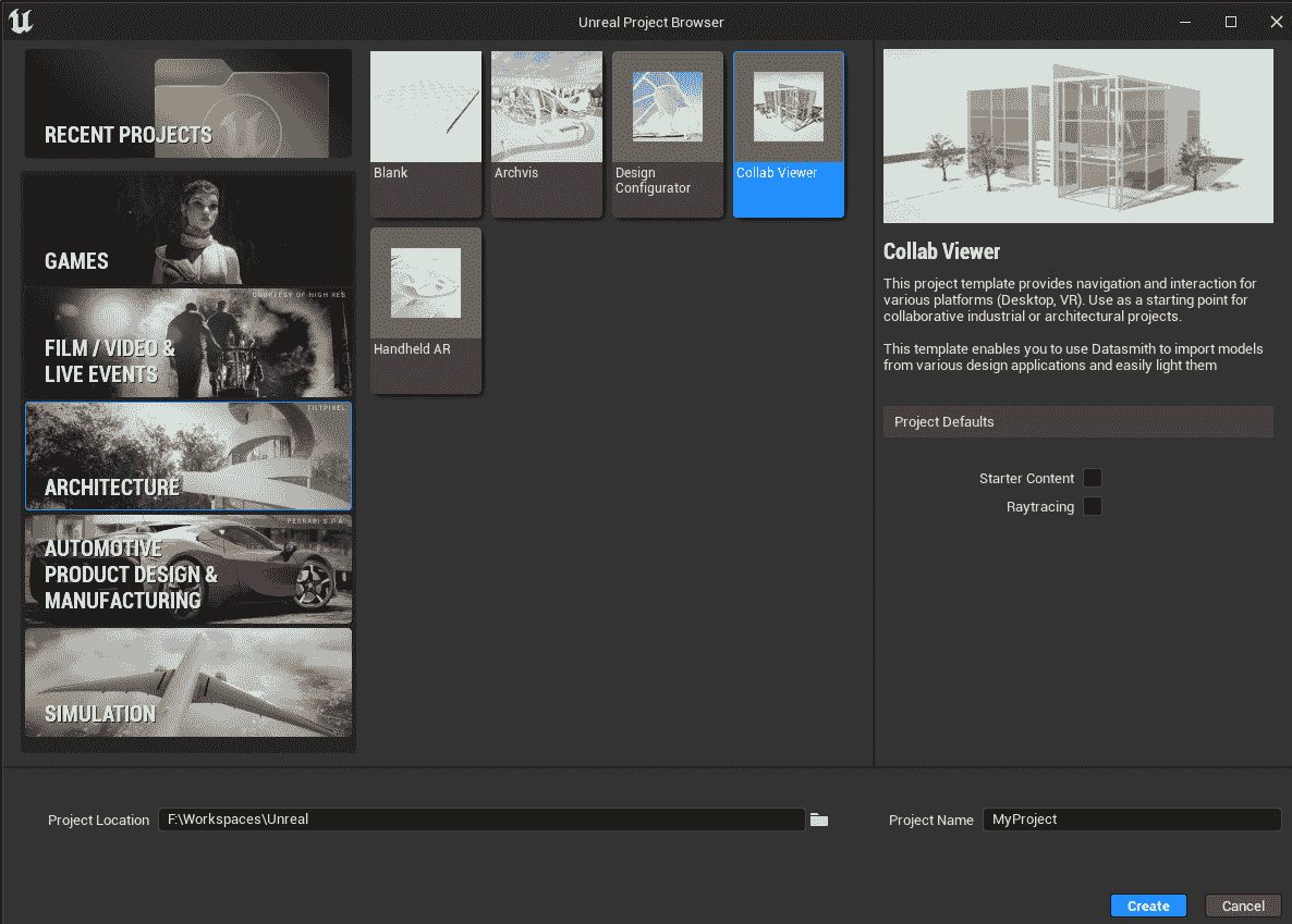图 1.4 – 在 Unreal 编辑器中选择的 Collab Viewer 模板