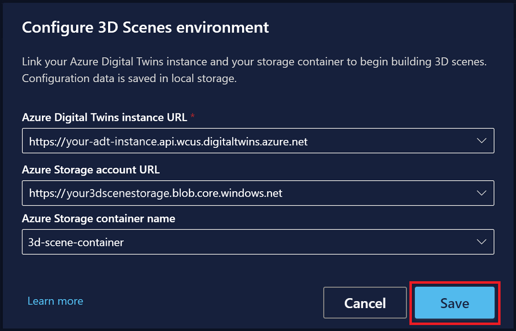 突出显示环境的“保存”按钮的 3D 场景工作室的屏幕截图。