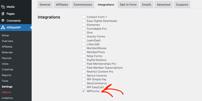 整合WPForms和AffiliateWP