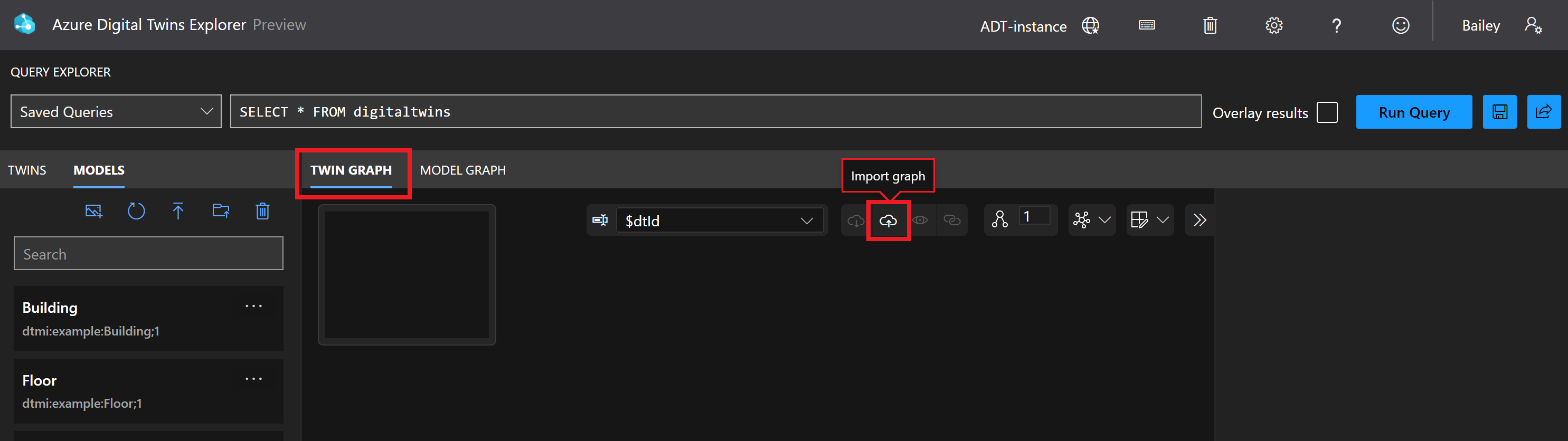 Azure Digital Twins Explorer“孪生体图”面板的屏幕截图。“导入图”按钮突出显示。