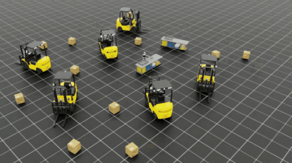 Gif showing boxes scattered on the floor with several forklifts and a humanoid robot walking between two desks.